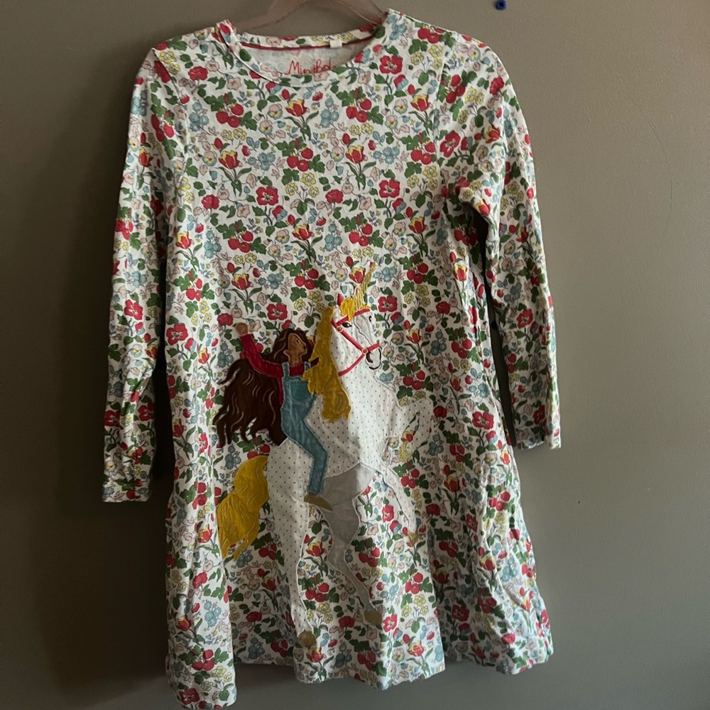 Mini Boden Floral Kids Dress with Horse Design - Multicolor